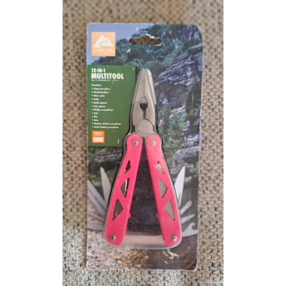 OZARK TRAIL 12 IN 1 MULTI TOOL PINK HANDLE STAINLESS STEEL W SHEATH NEW